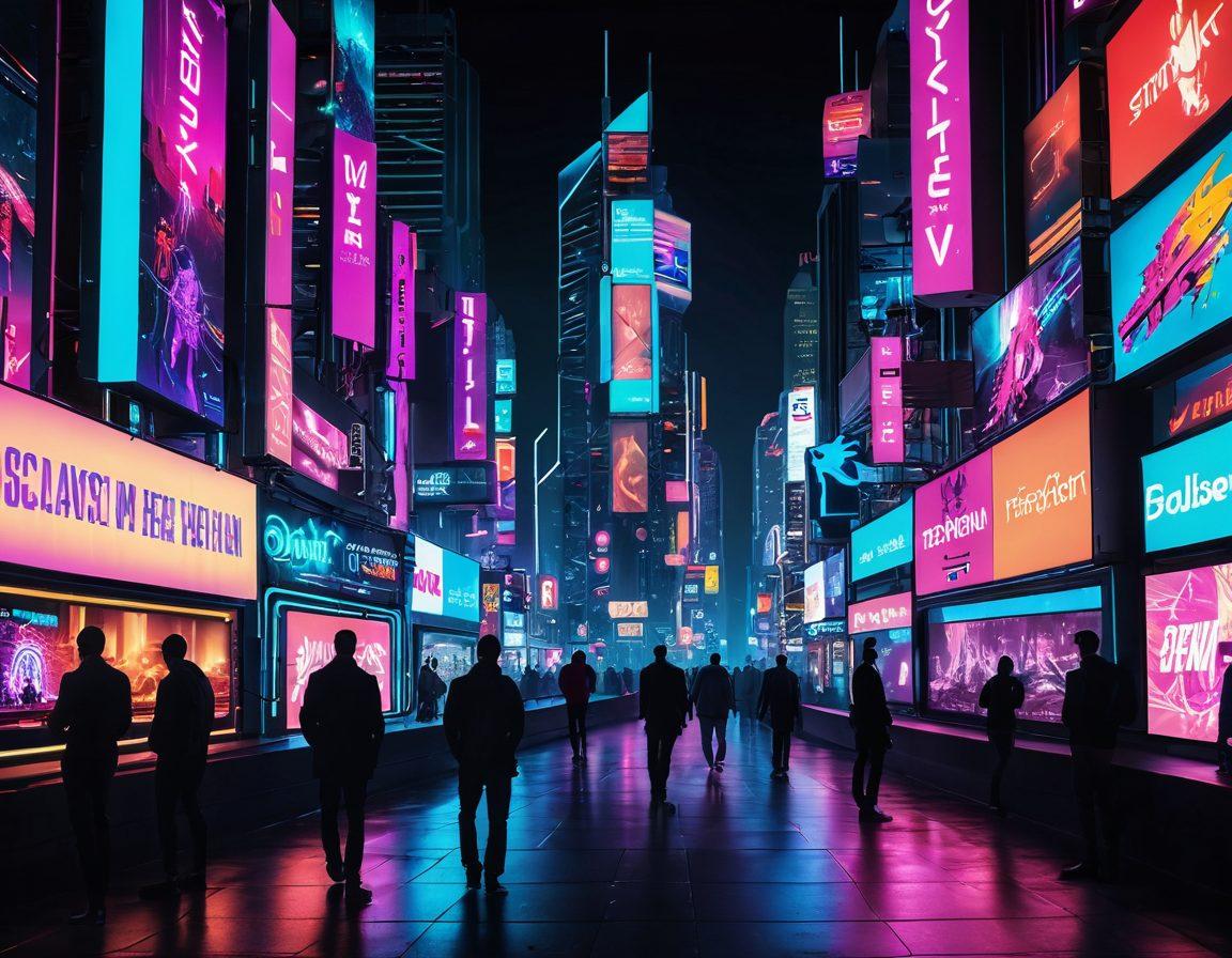 A dynamic urban landscape filled with neon-lit buildings, symbolizing the digital age, juxtaposed with abstract representations of adult video streaming platforms. Include diverse silhouettes of people engaging with technology, surrounded by vibrant screens displaying mixed content. Emphasize connectivity and innovation with floating digital icons, blending in a modern aesthetic highlighting the evolution of sexual entertainment. cyberpunk. vibrant colors. 3D.